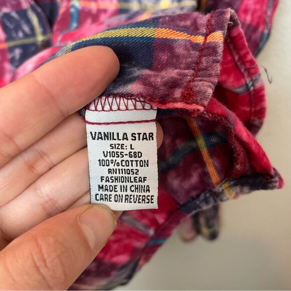 VANILLA STAR Red Plaid Bleached Button Down Shirt Size L - Picture 4 of 7